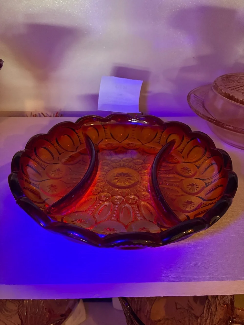 L.E. Smith Vintage Amberina Moon & Star Relish Tray UV Reactive Glass